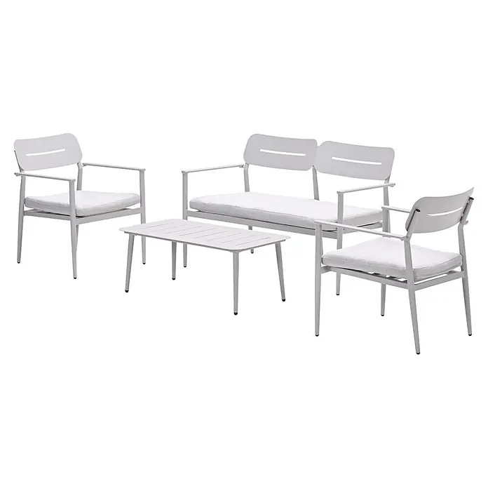 Garden Impressions Loungemöbel-Set Morella - 4 -tlg., Aluminium, Weiß - Hellegraues Metall-Outdoor-Lounge-Set mit zwei Stühlen, einer Zweisitzerbank und einem rechteckigen Couchtisch, alle mit weißen Kissen.
