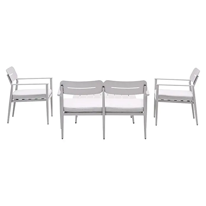 Garden Impressions Loungemöbel-Set Morella - 4 -tlg., Aluminium, Weiß - Set aus hellgrauen Metall-Gartenstühlen und einer Zweisitzerbank mit weißen Polstern.