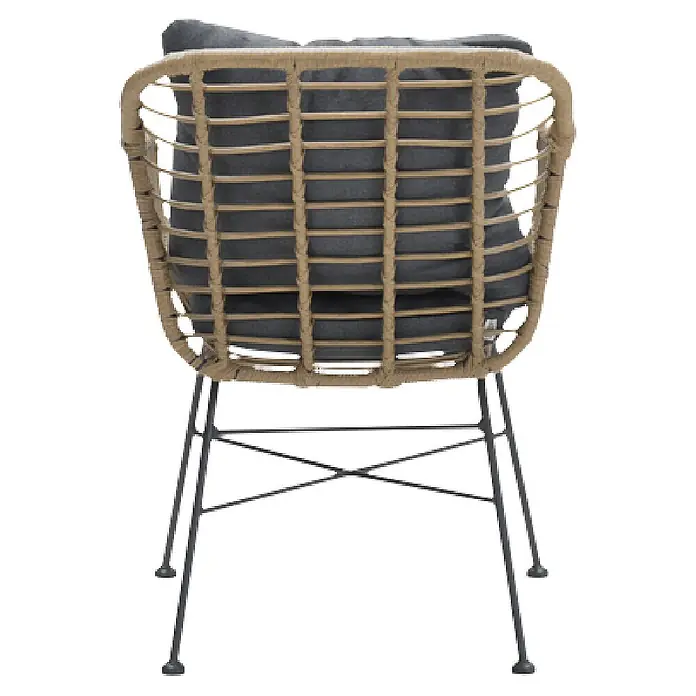Garden Impressions Gartensessel Margriet - 1 Stk., Stahl, Polyester, Stapelbar, Schwarz/Grau, B x T x H: 69,5 x 91 x 59 cm - Rückenansicht eines geflochtenen Stuhls mit dunkelgrauem Kissen und schwarzen Metallbeinen.