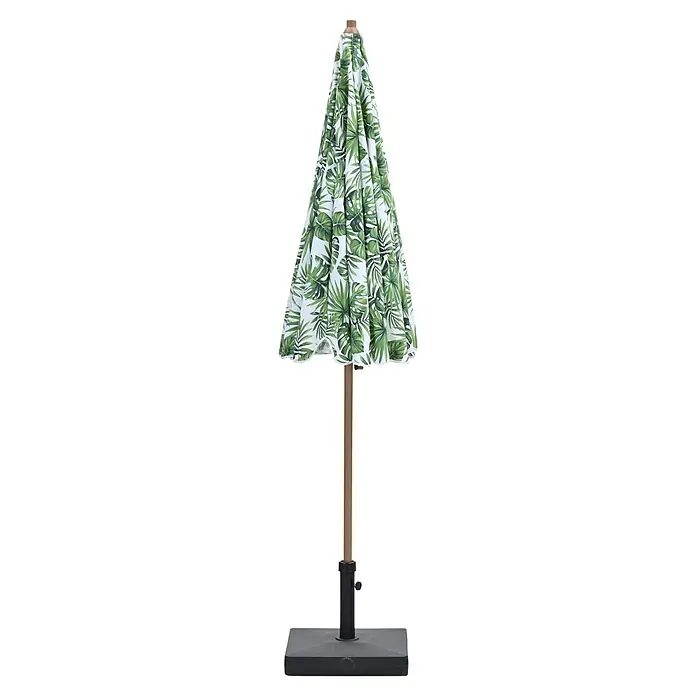 Garden Impressions Marktschirm rund Aloha - Grün/Blättermotiv, Durchmesser Bespannung: 200 cm - Outdoor-Sonnenschirm mit weißem Schirmtuch und grünem Tropenblattmuster, Holzstange und dunkelgrauem Fuß.