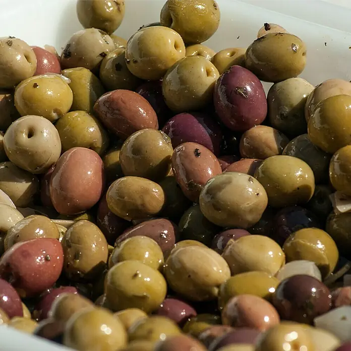 Piardino Olivenbaum - Olea europaea, Topfgröße: 24 cm - Eine Nahaufnahme von einer Mischung aus glänzenden, eingelegten Oliven in verschiedenen Farben, von Grün bis Violett, in einer weißen Schüssel.