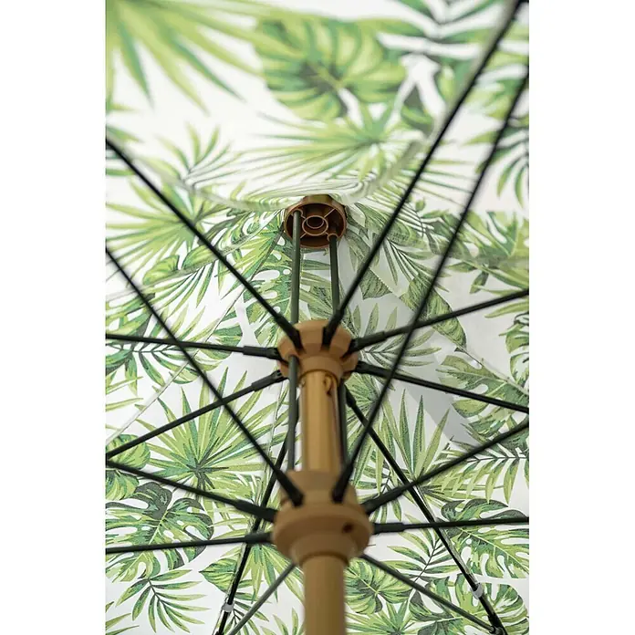 Garden Impressions Marktschirm rund Aloha - Grün/Blättermotiv, Durchmesser Bespannung: 200 cm - Innenseite eines Schirms mit tropischem Blattmuster, schwarze Speichen und braune Mittelstange sichtbar.