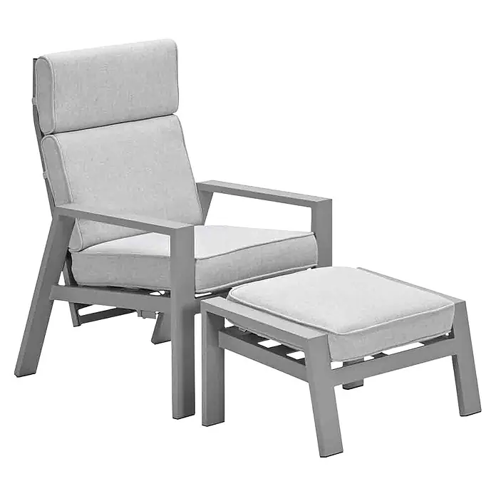 Garden Impressions Garten-Positionssessel Max - 1 Stk., Aluminium, Taupe, B x T x H: 78 x 72 x 107 cm - Grauer Outdoor-Sessel mit hoher Rückenlehne und passendem Hocker, beide mit hellen Kissen.