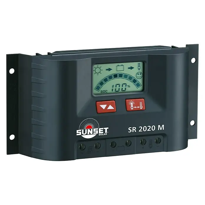 Sunset Solarladeregler SR2020M - Max. Laststrom: 20 A, 12 V - 24 V, Display - Sunset Solar SR 2020 M Laderegler mit LCD-Display zur Überwachung des Ladezustands.