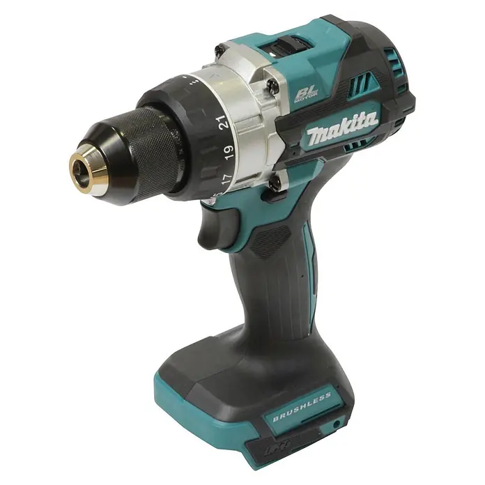 Makita LXT 18V Akku-Bohrschrauber DDF492Z - 18 V, Ohne Akku - Makita Akku-Bohrschrauber in Türkis und Schwarz mit bürstenlosem Motor und silbernem Bohrfutter mit Drehmomenteinstellungen.