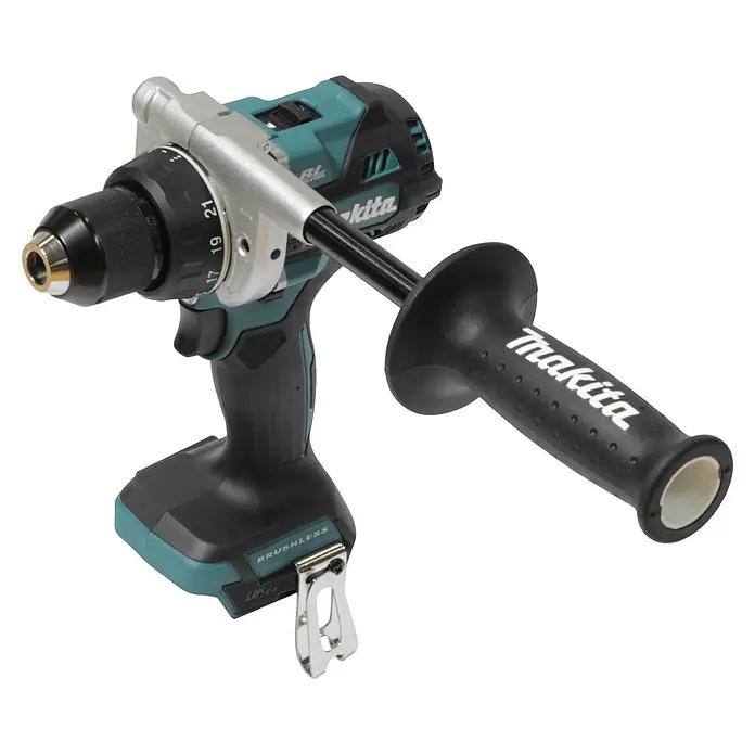 Makita LXT 18V Akku-Bohrschrauber DDF492Z - 18 V, Ohne Akku - Eine schwarz-türkise Akku-Bohrmaschine mit silbernem Bohrfutter, angebrachtem schwarzem Seitenhandgriff und Gürtelclip.