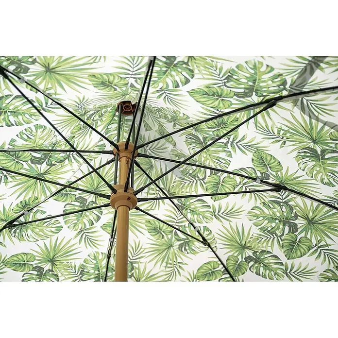 Garden Impressions Marktschirm rund Aloha - Grün/Blättermotiv, Durchmesser Bespannung: 200 cm - Unterseite eines Sonnenschirms mit tropischem grünem Blattmuster und Holzmittelstange.