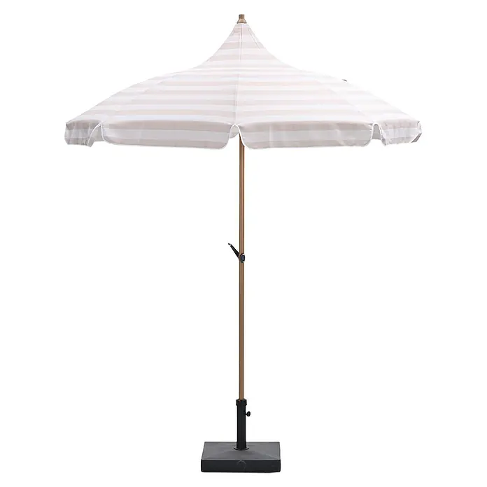 Garden Impressions Marktschirm rund Aloha - Ecru/Weiß, Durchmesser Bespannung: 200 cm - Garten-Sonnenschirm mit weiß-beige gestreiftem Stoffdach, Holzstange und dunklem quadratischem Fuß.
