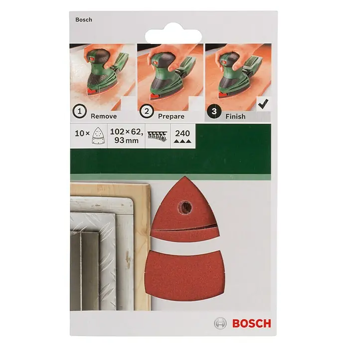 Bosch Schleifblätter - Körnung: 180, 10 Stk., Passend für: Bosch Multischleifer Primo/PSM/Ventaro, Skil Multischleifer 7207 (Octo) - Bild einer Bosch Schleifpapier-Packung mit dreieckigen Schleifblättern und Anweisungen zur Verwendung.