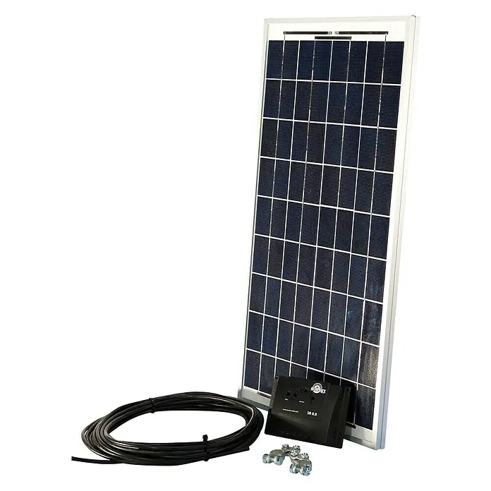 Sunset Solarmodul-Set PV30 - Nennleistung: 30 W - Ein Solarmodul-Kit, bestehend aus einem Solarmodul, einem Laderegler, Kabeln und Verbindungsstücken, ideal für netzunabhängige Stromversorgung.