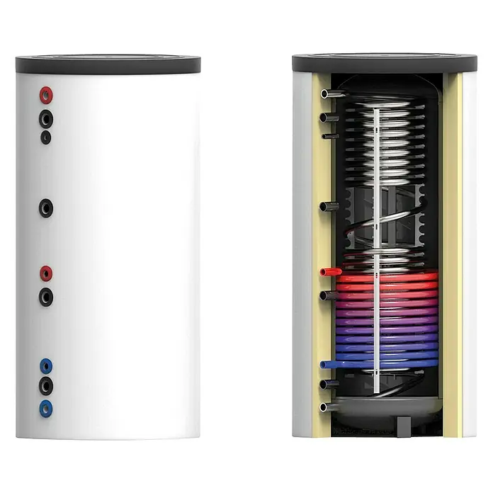Sunset Solar-Brauchwasserspeicher BW-2W - Fassungsvermögen: 500 l, NL-Zahl oben/unten: 2,5/18,9 l/h - Ein weißer Warmwasserspeicher wird in zwei Ansichten dargestellt: außen und im Querschnitt.