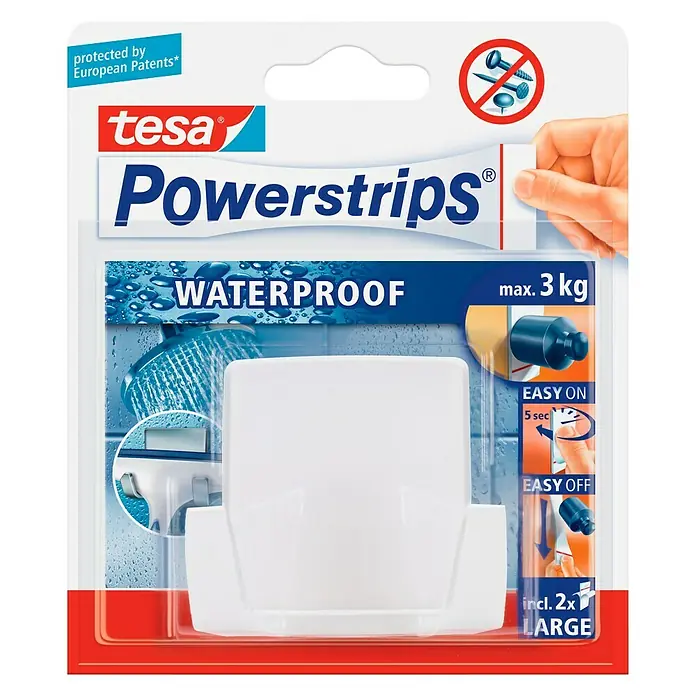 Tesa Powerstrips Waterproof Wandhaken - Kunststoff, Weiß - Tesa Powerstrips Waterproof: Der wiederablösbare Klebehaken für Bad & Küche. Hält bis zu 3 kg, einfache Montage ohne Bohren.