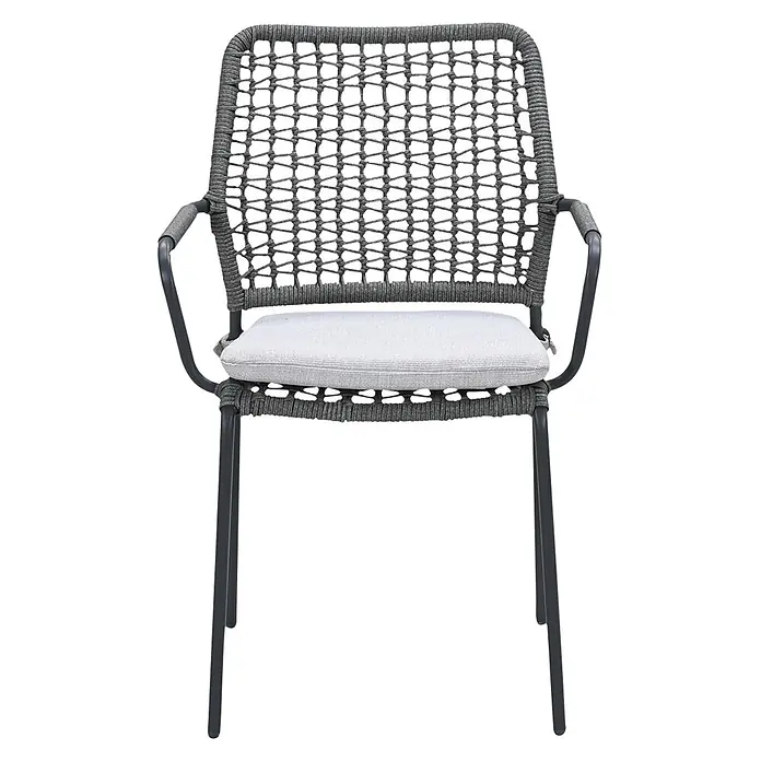 Garden Impressions Gartensessel Swifty - 1 Stk., Stahl, Polyester, Stapelbar, Schwarz, B x T x H: 63,5 x 84,5 x 56,5 cm - Dunkelgrauer geflochtener Terrassenstuhl mit Armlehnen und hellgrauem Kissen.