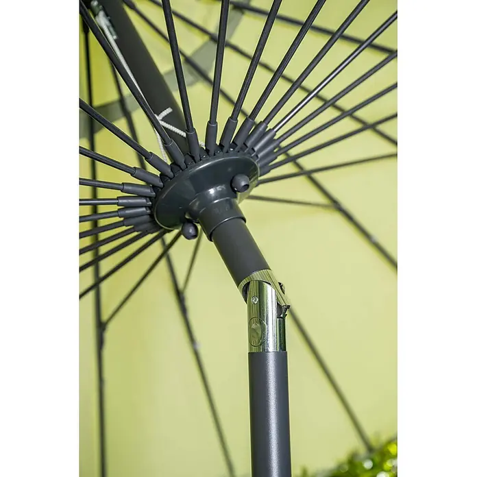 Garden Impressions Balkonschirm rund Manila - Olivgrün, Durchmesser Bespannung: 250 cm - Unterseite eines geöffneten Sonnenschirms mit dunkelgrauem Gestell, hellgrünem Stoff und einem Metallgelenk am Stock.