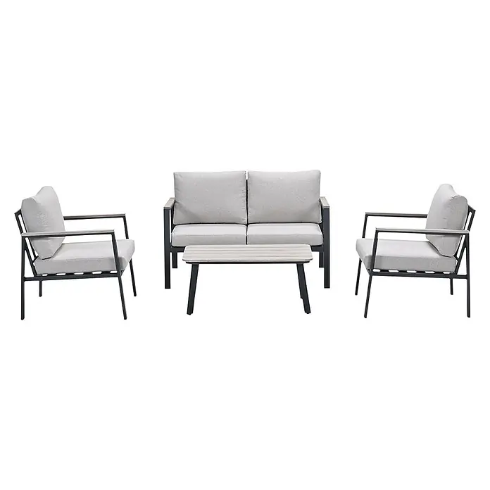 Garden Impressions Loungemöbel-Set Ricca - 4 -tlg., Aluminium, Grau/Schwarz - Outdoor-Lounge-Set mit zwei Sesseln, einem Zweisitzer-Sofa und einem Couchtisch; dunkle Metallrahmen, helle Holzoptik-Akzente, hellgraue Kissen.