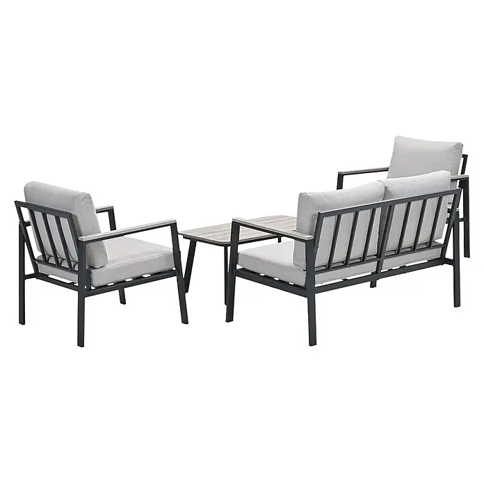 Garden Impressions Loungemöbel-Set Ricca - 4 -tlg., Aluminium, Grau/Schwarz - Outdoor-Lounge-Set mit einem grauen Sessel, einem Sofa und einem Beistelltisch, mit dunklen Rahmen und hellen Holzakzenten.