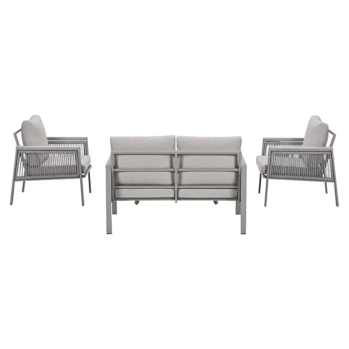 Garden Impressions Loungemöbel-Set Preci - 4 -tlg., Aluminium, Geflecht, Vironwood, Grau - Hellgraue Outdoor-Lounge-Sitzgruppe aus Metall mit geflochtenen Seilseiten und hellen Stoffkissen, bestehend aus zwei Sesseln und einem Sofa.