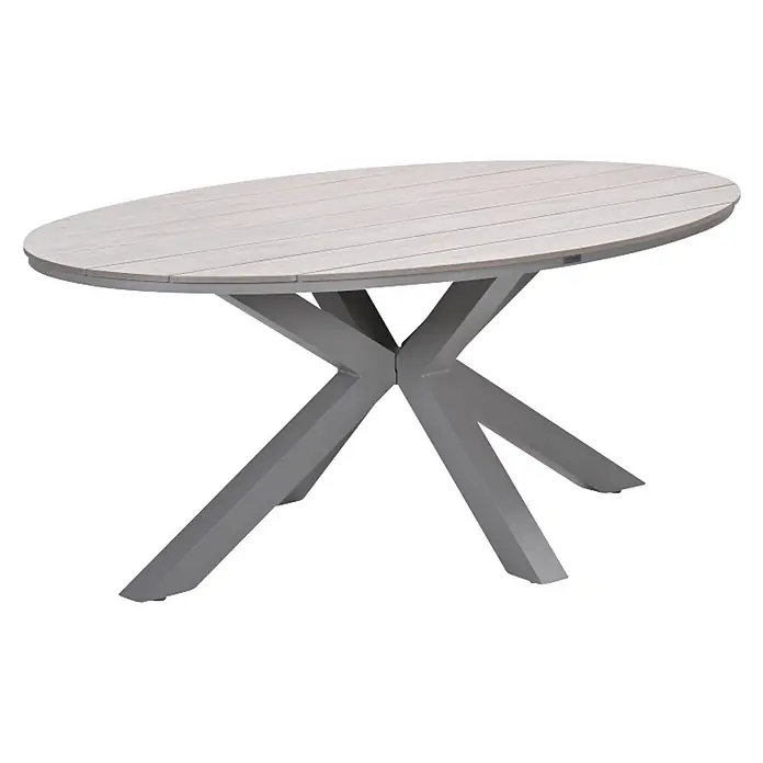Garden Impressions Gartentisch Edison - L x B x H: 180 x 115 x 75 cm, Aluminium, Oval, Taupe - Ovaler Esstisch für den Außenbereich mit hellgrauer Lattenplatte und grauem X-förmigem Säulenfuß.