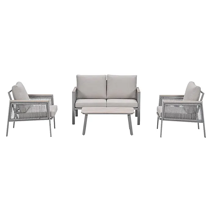 Garden Impressions Loungemöbel-Set Preci - 4 -tlg., Aluminium, Geflecht, Vironwood, Grau - Gartenmöbel-Set: hellgraues Zweisitzer-Sofa, zwei Sessel und Couchtisch mit Metallrahmen, Seildetails, Holzakzenten und hellgrauen Kissen.