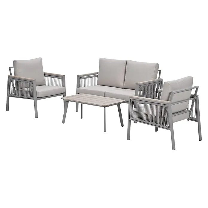 Garden Impressions Loungemöbel-Set Preci - 4 -tlg., Aluminium, Geflecht, Vironwood, Grau - Graues Metall-Loungeset für den Außenbereich mit Seildetails, hellen Kissen und einem rechteckigen Lamellentisch.