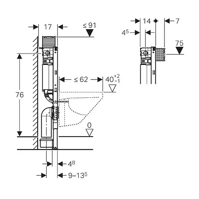 Geberit Duofix WC-Vorwandelement Omega 111.003.00.1 - 2-Mengen-Spülung, 17 x 50 x 82 cm - Eine schematische Darstellung eines Sanitärinstallationssystems mit detaillierten Maßangaben für die Wandmontage eines WCs.