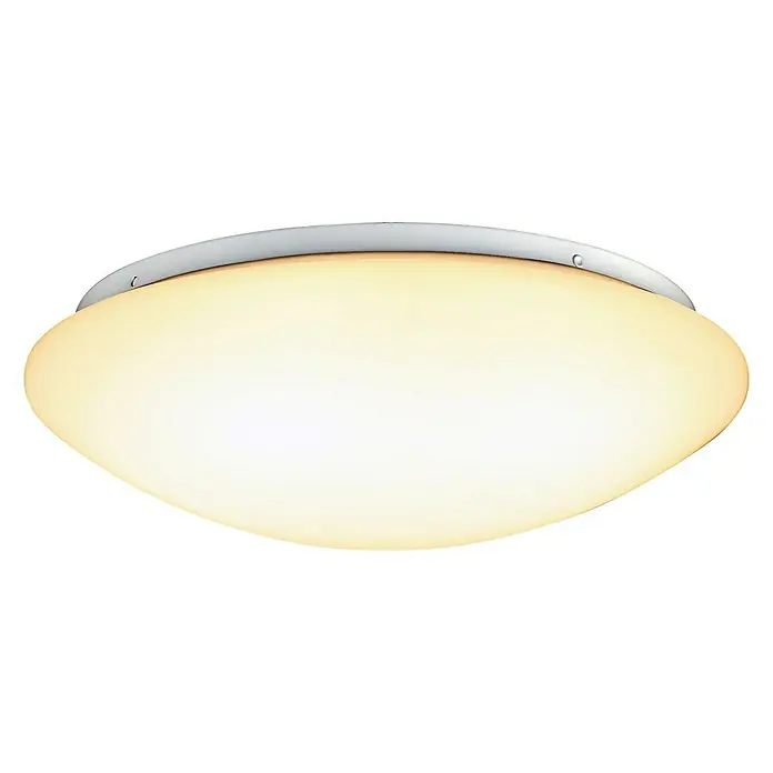 Tween Light LED-Sensor-Deckenleuchte rund Eco - 24 W, Ø x H: 35 x 10,5 cm, Opal/Weiß, Warmweiß - Nahaufnahme einer eleganten, runden Deckenleuchte mit warmem Licht und Chromrahmen.