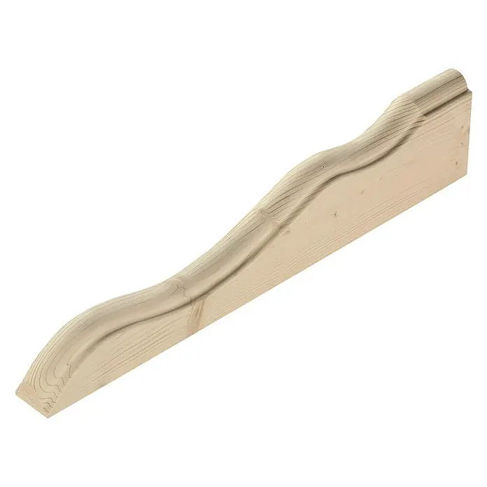 Konsole - Fichte/Tanne, 680 x 140 x 57 mm, Geschwungen, 1 Stk. - Nahaufnahme eines dekorativen, unbehandelten Holzregalträgers mit geschwungenem Design und sichtbarer Holzmaserung.