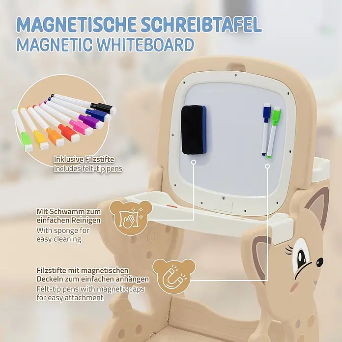 ECD Germany Kinder-Werkbank 3in1 Spieltisch mit Stuhl - Braun, Weiß - Beige magnetische Kindertafel mit Filzstiften und Schwamm. Stifte haben Magnetkappen zum einfachen Anbringen und tierisches Design.
