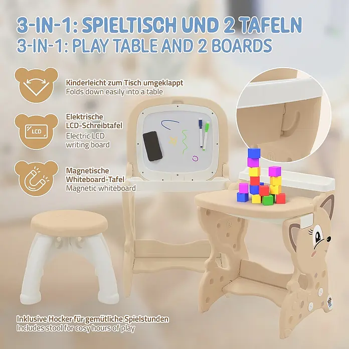 ECD Germany Kinder-Werkbank 3in1 Spieltisch mit Stuhl - Braun, Weiß - Beigefarbener und weißer 3-in-1 Kinderspieltisch mit Hocker, inklusive LCD-Schreibtafel und Magnet-Whiteboard.