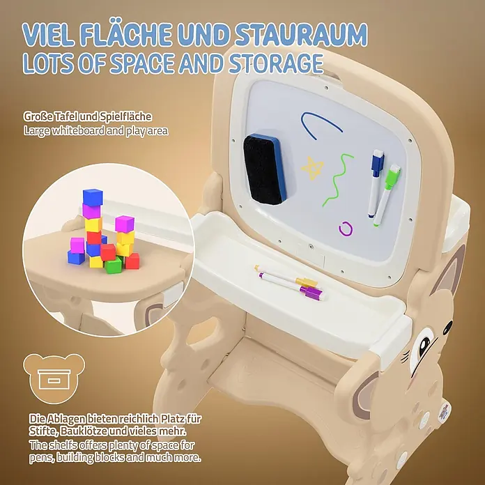 ECD Germany Kinder-Werkbank 3in1 Spieltisch mit Stuhl - Braun, Weiß - Beige Kinder-Staffelei mit Whiteboard, Spieltisch und Ablagefächern.