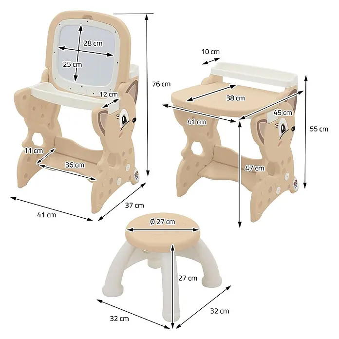ECD Germany Kinder-Werkbank 3in1 Spieltisch mit Stuhl - Braun, Weiß - Beiges Kunststoff-Kinderschreibtisch-Set im Hirsch-Design, bestehend aus verstellbarem Tisch/Staffelei und rundem Hocker.
