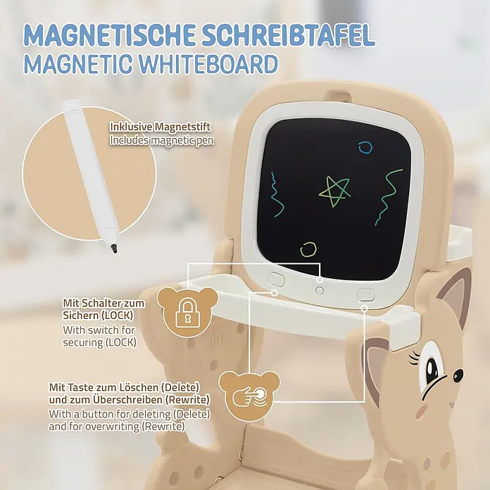 ECD Germany Kinder-Werkbank 3in1 Spieltisch mit Stuhl - Braun, Weiß - Beige, tierförmige magnetische Schreibtafel mit Stift, Sperrschalter und Löschtaste.