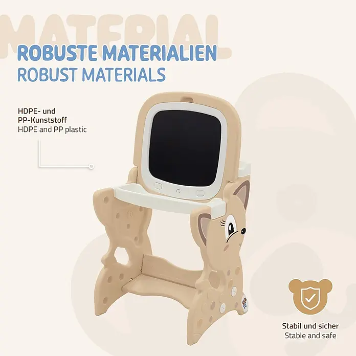ECD Germany Kinder-Werkbank 3in1 Spieltisch mit Stuhl - Braun, Weiß - Beiger Kindertisch mit Hirschmotiv aus robustem HDPE/PP-Kunststoff, mit elektronischem Bildschirm. Stabil und sicher.