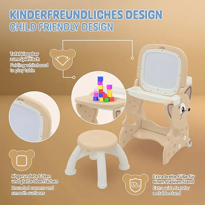 ECD Germany Kinder-Werkbank 3in1 Spieltisch mit Stuhl - Braun, Weiß - Beiges und weißes Kindermaltisch-Set mit Hocker. Staffelei klappbar zum Spieltisch, mit abgerundeten Ecken und breiten, stabilen Füßen.