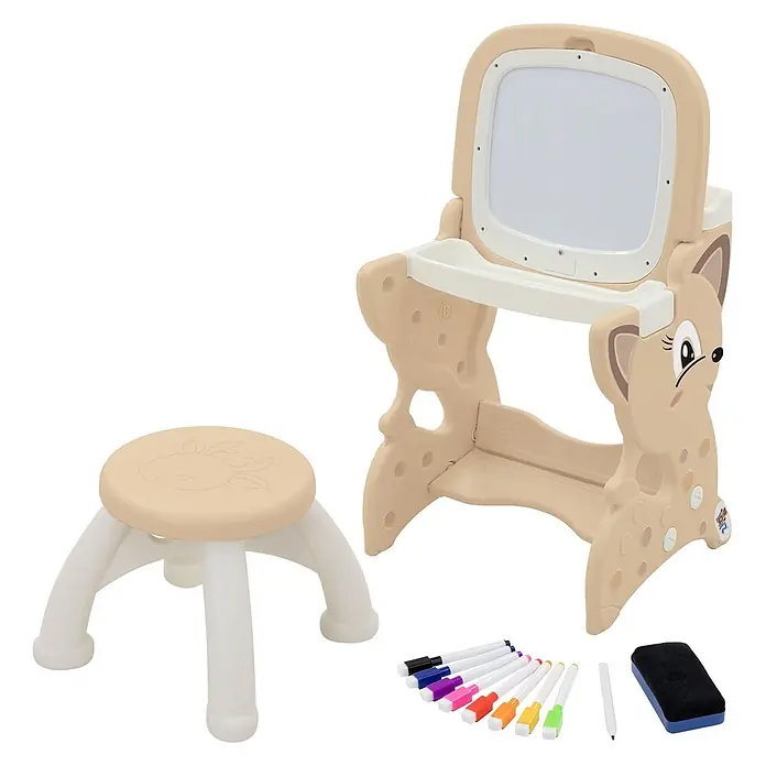 ECD Germany Kinder-Werkbank 3in1 Spieltisch mit Stuhl - Braun, Weiß - Beige-weißes Kinder-Malpult aus Kunststoff mit Hirschmotiv, Hocker, Markern und Radiergummi.