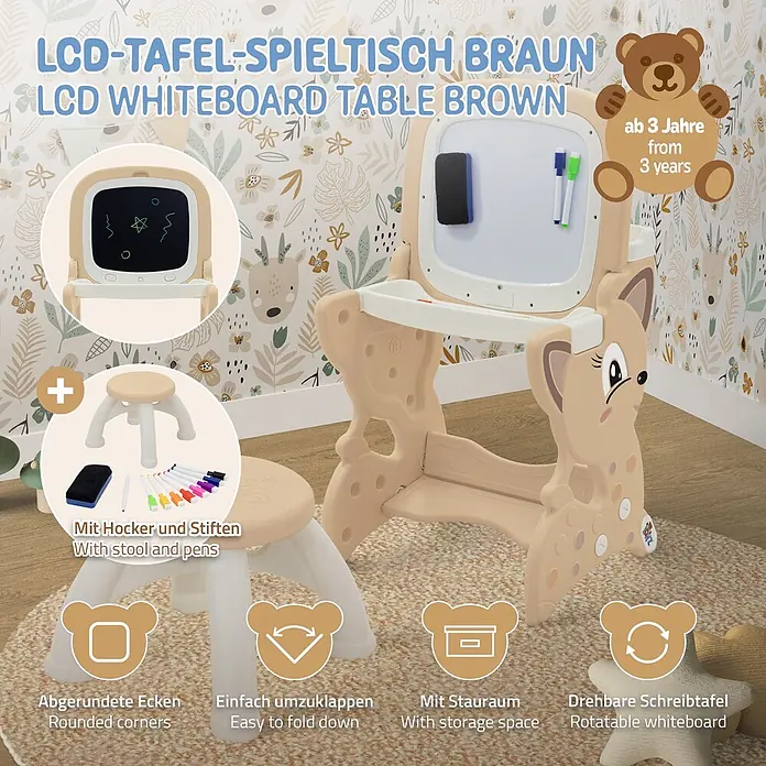 ECD Germany Kinder-Werkbank 3in1 Spieltisch mit Stuhl - Braun, Weiß - Brauner LCD-Whiteboard-Spieltisch für Kinder mit passendem Hocker und Stiften, ab 3 Jahren geeignet.