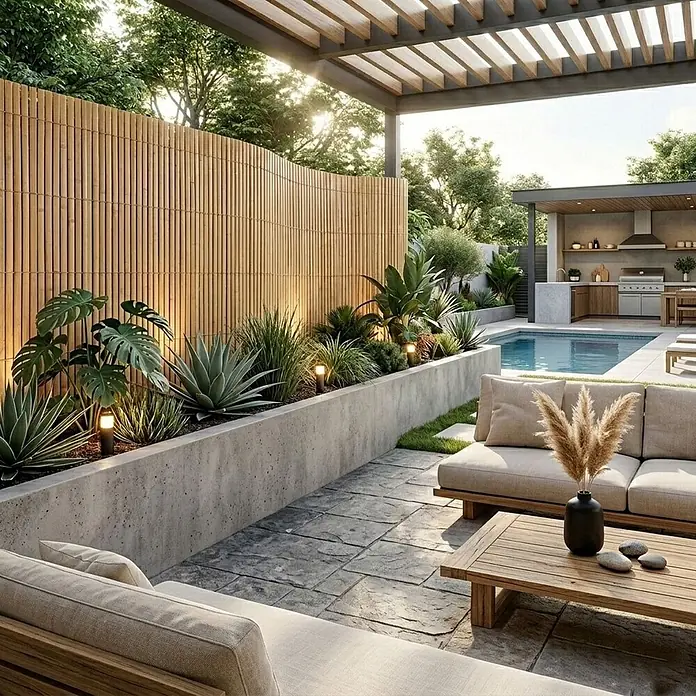 Floordirekt Sichtschutzelement Bambus Brasil - B x H: 200 x 2 cm, Naturmaterialien, Beige - Moderne Außenterrasse mit Holzpergola, Betonbeet und Steinpflaster, ideal für luxuriöse Entspannung am Pool.