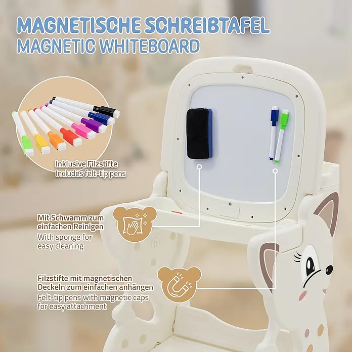 ECD Germany Kinder-Werkbank Spielsitzgruppe - 45 x 41 x 76 cm - Cremefarbenes, hirschförmiges Magnet-Whiteboard mit Filzstiften (teils magnetisch) und Schwamm.