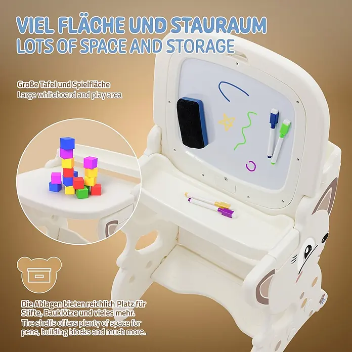 ECD Germany Kinder-Werkbank Spielsitzgruppe - 45 x 41 x 76 cm - Weißes Kinder-Easel und Schreibtisch mit großem Whiteboard, Ablagen und bunten Bausteinen.