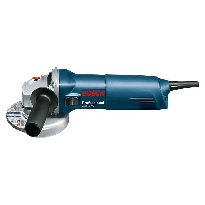 Bosch Professional Elektro-Winkelschleifer GWS 1400 - 1.400 W, 125 mm, Leerlaufdrehzahl: 11.000 U/min - Das Bild zeigt einen blauen Bosch GWS 1400 Professional Winkelschleifer vor einem schwarzen Hintergrund.