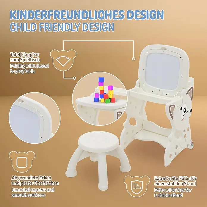 ECD Germany Kinder-Werkbank Spielsitzgruppe - 45 x 41 x 76 cm - Kinderfreundliche, beige Kunststoffstaffelei verwandelt sich in Spieltisch, mit abgerundeten Ecken, stabilem Stand und passendem Hocker.