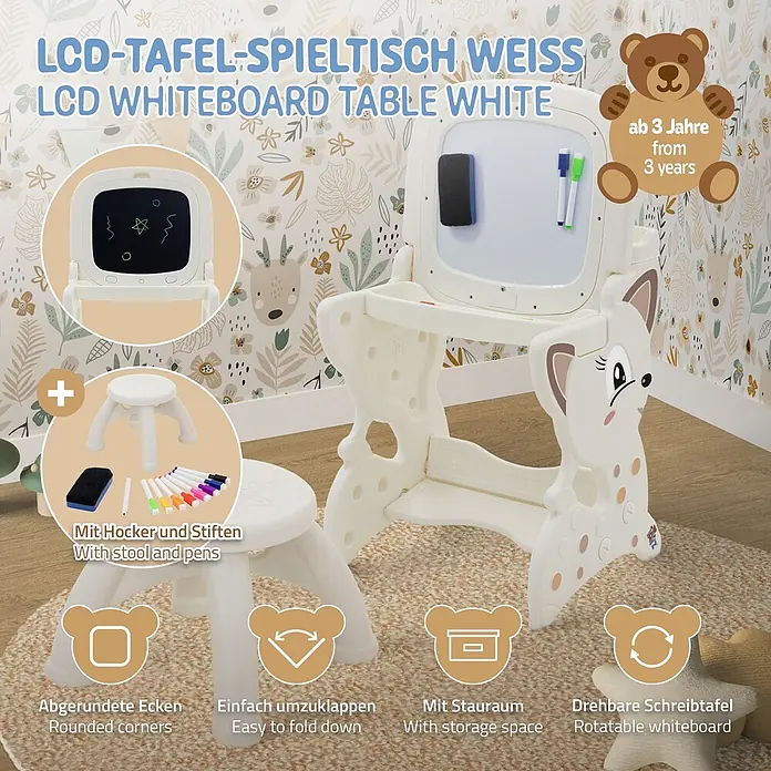 ECD Germany Kinder-Werkbank Spielsitzgruppe - 45 x 41 x 76 cm - Weißer LCD-Tafel-Spieltisch für Kinder mit drehbarer Tafel, Stauraum, abgerundeten Ecken, inklusive Hocker und Stiften, ab 3 Jahren.