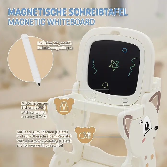 ECD Germany Kinder-Werkbank Spielsitzgruppe - 45 x 41 x 76 cm - Helle magnetische Schreibtafel aus Kunststoff für Kinder, mit hirschförmigem Ständer, Magnetstift, Sperrschalter und Löschtaste.