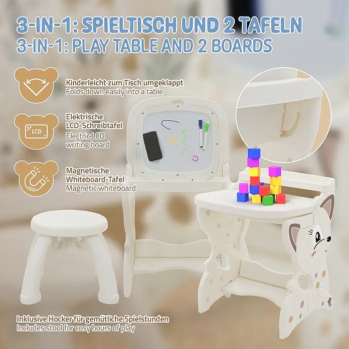 ECD Germany Kinder-Werkbank Spielsitzgruppe - 45 x 41 x 76 cm - Weißer 3-in-1 Kinderspieltisch mit LCD- und Magnettafeln, inklusive Hocker. Lässt sich zum Tisch umklappen.