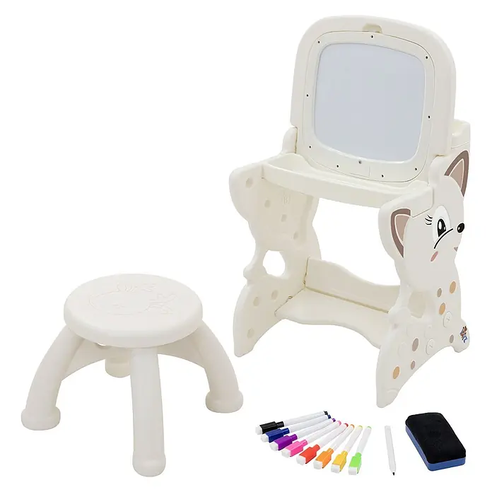 ECD Germany Kinder-Werkbank Spielsitzgruppe - 45 x 41 x 76 cm - Cremefarbenes Kunststoff-Kindermaltafel mit Tiermotiv und passendem Hocker. Inklusive bunter Marker und Radiergummi.