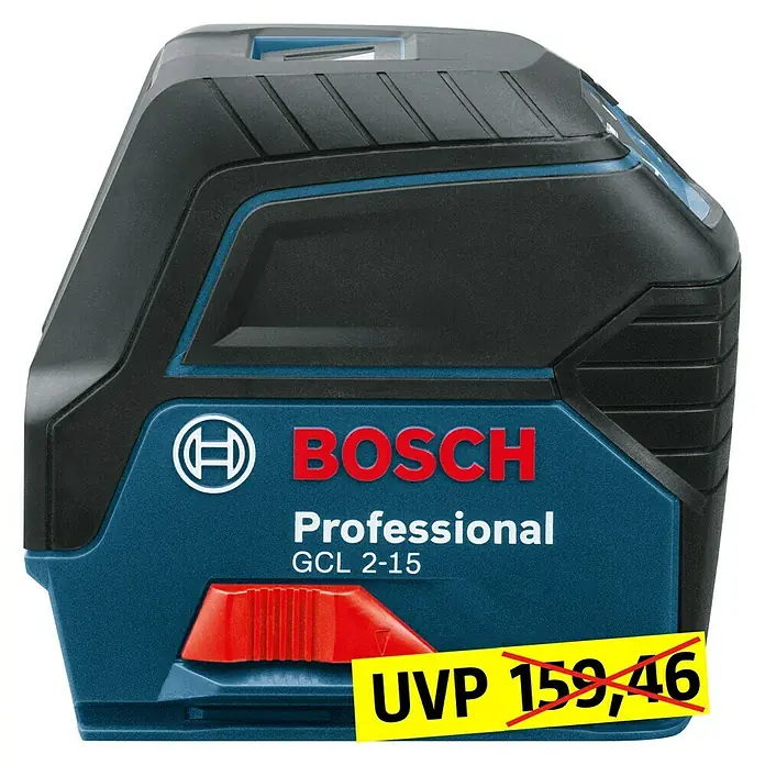 Bosch Professional Láser combinado GCL 2-15 - Zona de trabajo: Aprox. 15 m, 5 pzs. - Imagen de un láser combinado profesional Bosch GCL 2-15 con control deslizante rojo y adhesivo UVP amarillo.