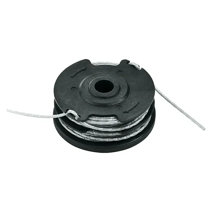 Bosch Power for All 36V Akku-Rasentrimmer AdvancedGrassCut 36 - 36 V, Li-Ionen, Ohne Akku, Schnittbreite Faden: 30 cm - Eine Spule mit Trimmerfaden, die für Rasentrimmer und Trimmer verwendet wird, mit einem schwarzen Gehäuse und aufgewickeltem, silbernem Faden.