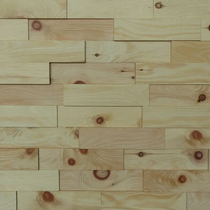 Wodewa Holzriemchen 200 Zirbe - 200 x 50 mm, Stärke: 2 mm - 6 mm, 1 m², Strukturiert unbehandelt - Wandverkleidung aus hellem Holz mit Astlöchern, die eine natürliche und rustikale Optik bietet. Ideal für Akzentwände und dekorative Elemente.