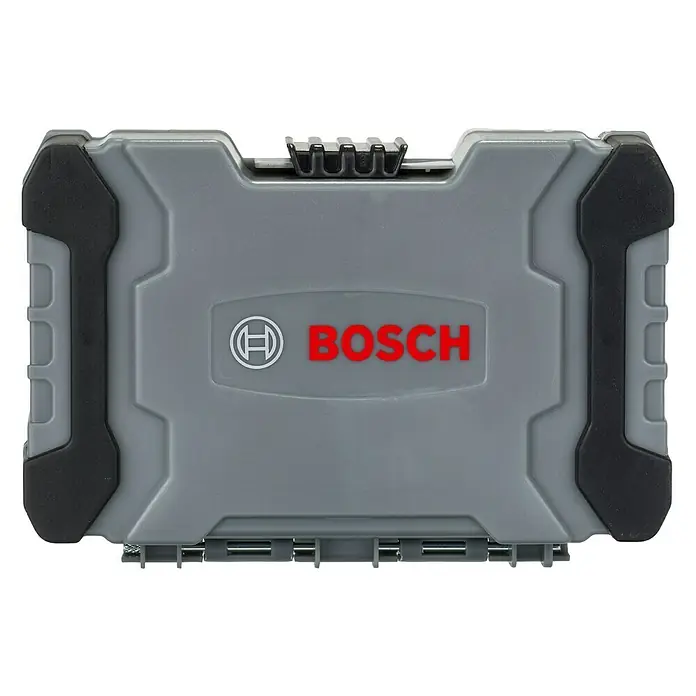 Bosch Maletín de brocas y puntas Robustline - 35 pzs., Apto para: Hormigón - En la imagen se muestra una caja de herramientas Bosch gris con protección de bordes negra. La caja de herramientas tiene un logotipo rojo de Bosch en el frontal.