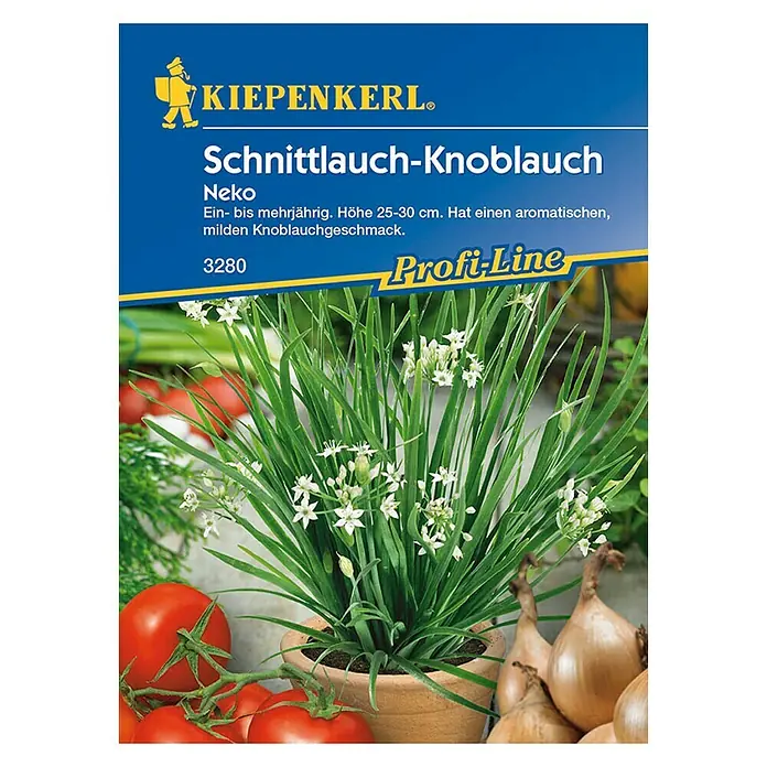 Kiepenkerl Profi-Line Kräutersamen Schnittknoblauch Neko - Allium tuberosum, Saatzeit: April, Erntezeit: Ganzjährig - Abbildung der Samenpackung Schnittlauch-Knoblauch 'Neko' von Kiepenkerl, eine mehrjährige Sorte mit aromatischem Knoblauchgeschmack.